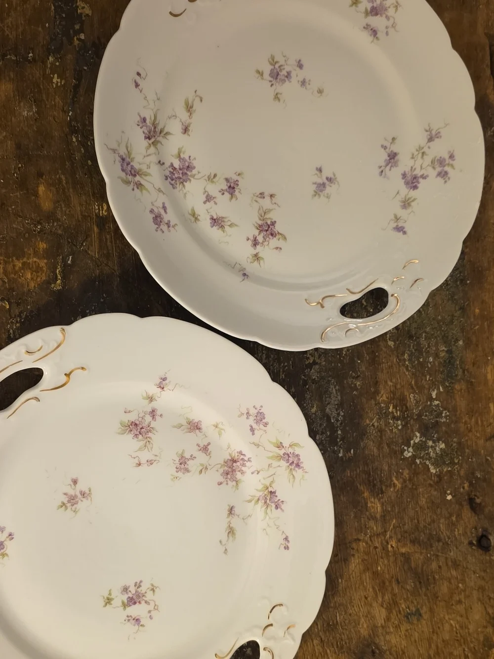 White Ceramic Serving Platters with Lavender Floral Pattern and Gold Trim